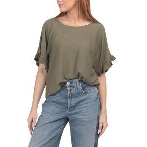 MAX STUDIO LONDON Army Linen Blend Flutter Sleeve Scoop Neck Sweater Top